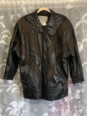Vintage Emblem Chevron Black Brown Leather Jacket